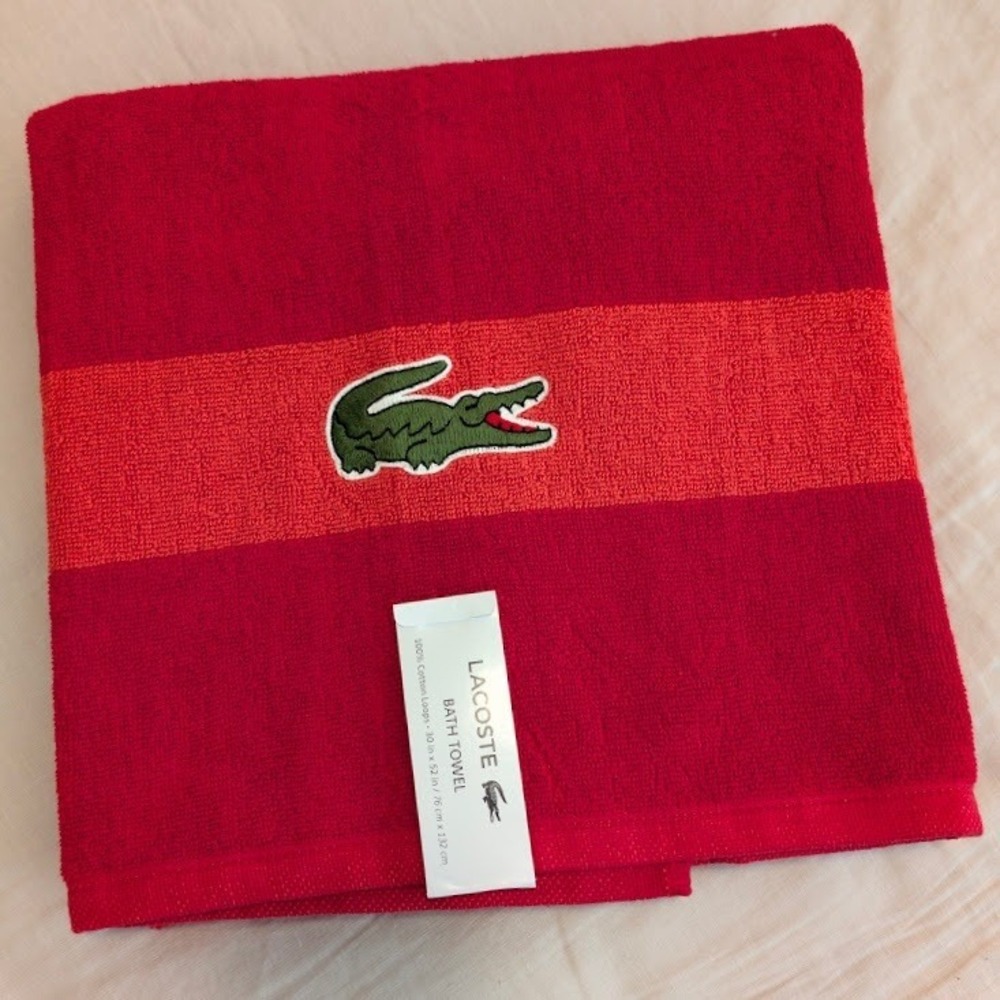 Lacoste Bath Towel Red 30x52 Large Crocodile Logo 100% Cotton w/ Hanging Loop